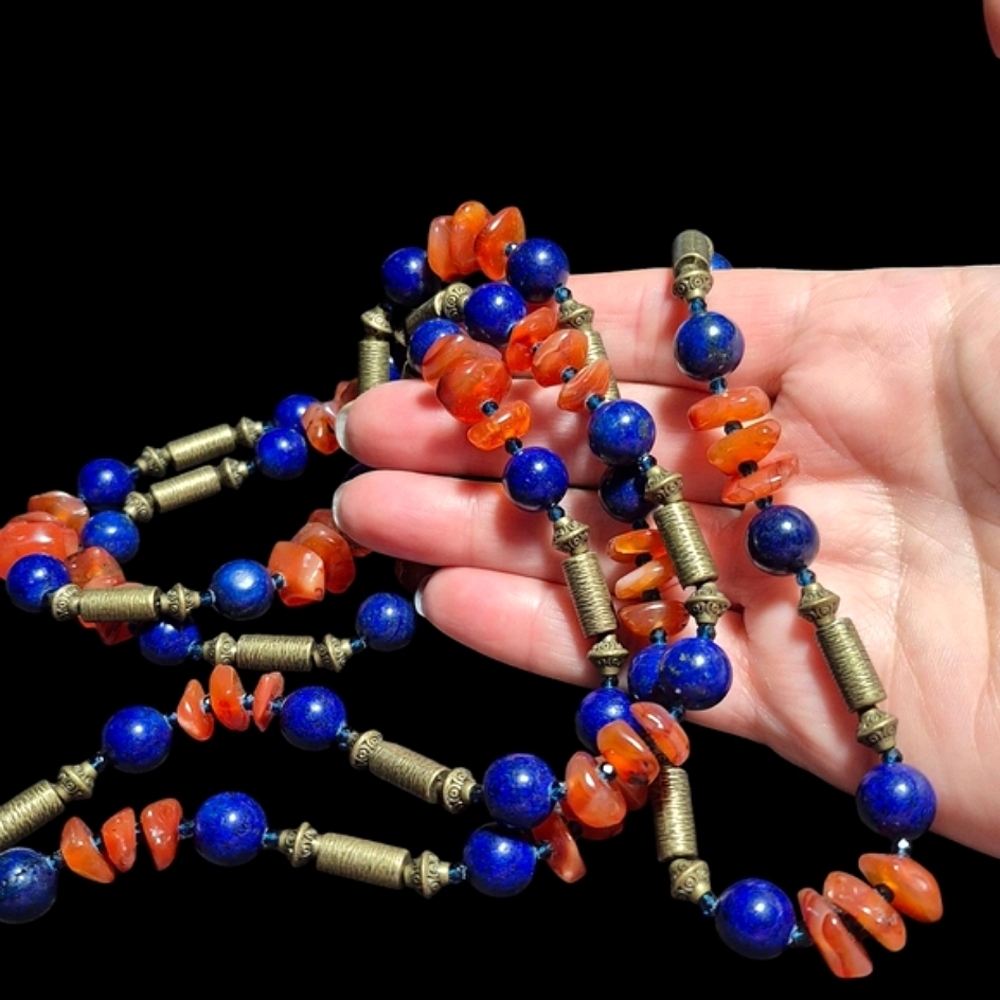 Long Handmade Carnelian, Lapis Lazuli, and Blue Spinel Beaded Necklace